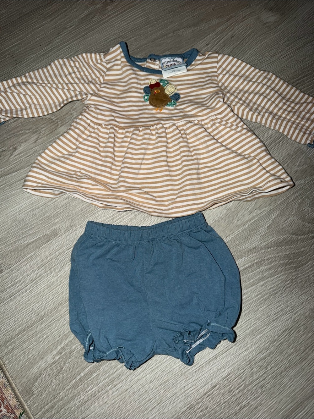 Striped Cream & Blue Baby Dress Set with Blue Diaper Cover